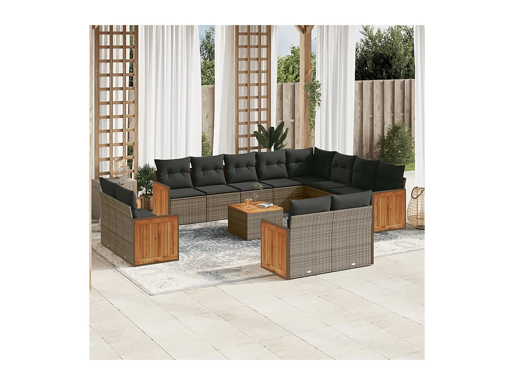 Salon de jardin avec coussins 13 pcs gris résine tressée