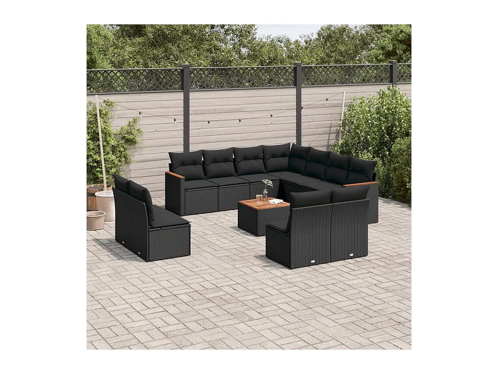 Salon de jardin 12 pcs avec coussins noir résine tressée