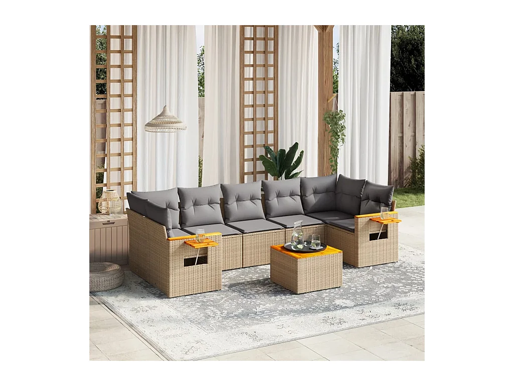 8-delige Loungeset met kussens poly rattan beige
