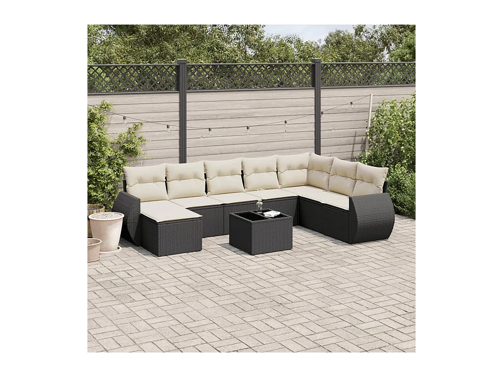 Salon de jardin 9 pcs avec coussins noir résine tressée