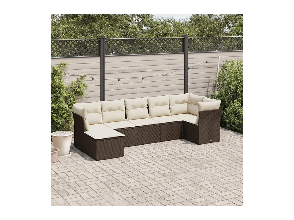 Set Divani da Giardino 7 pz con Cuscini Marrone in Polyrattan