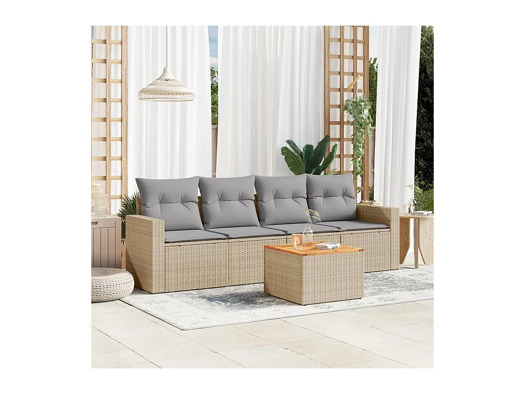 Set Divano da Giardino 5 pz con Cuscini Beige Misto Polyrattan