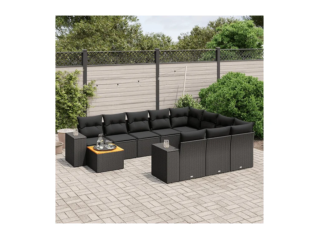 Salon de jardin 11 pcs avec coussins noir résine tressée