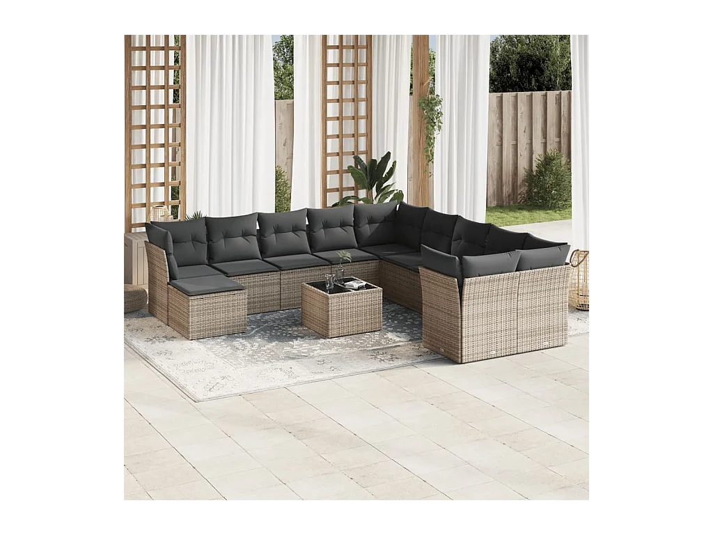 Salon de jardin avec coussins 12 pcs gris résine tressée