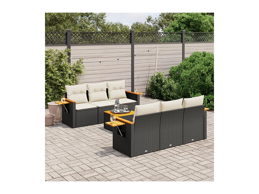 7-delige Loungeset met kussens poly rattan zwart