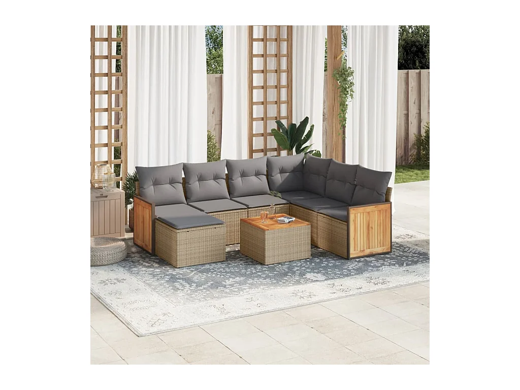 Salon de jardin avec coussins 8 pcs beige résine tressée
