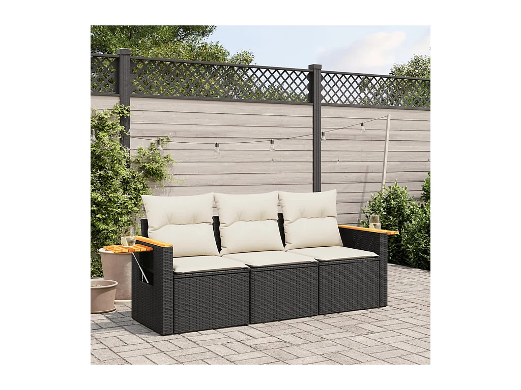 3-tlg. Garten-Sofagarnitur mit Kissen Schwarz Poly Rattan