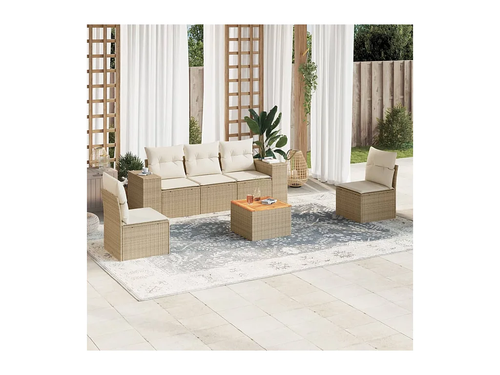 Set Divano da Giardino 6 pz con Cuscini Beige in Polyrattan