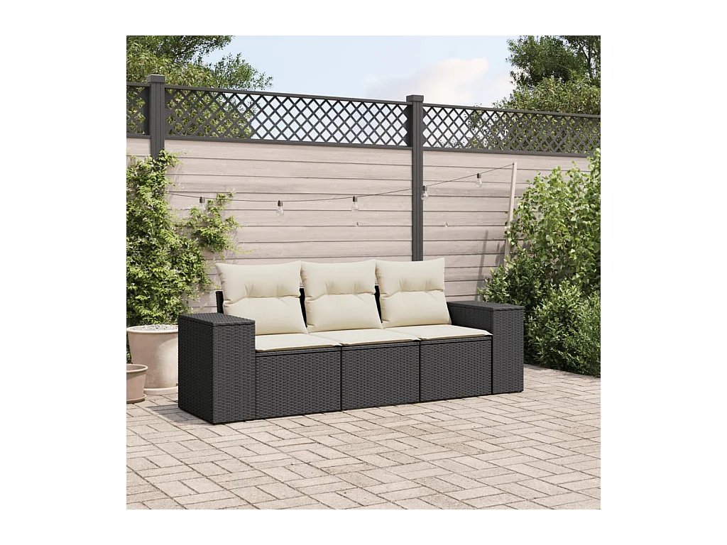 3-tlg. Garten-Sofagarnitur mit Kissen Schwarz Poly Rattan