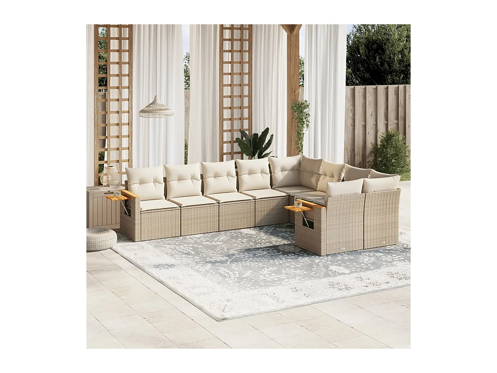 Salon de jardin avec coussins 9 pcs beige résine tressée