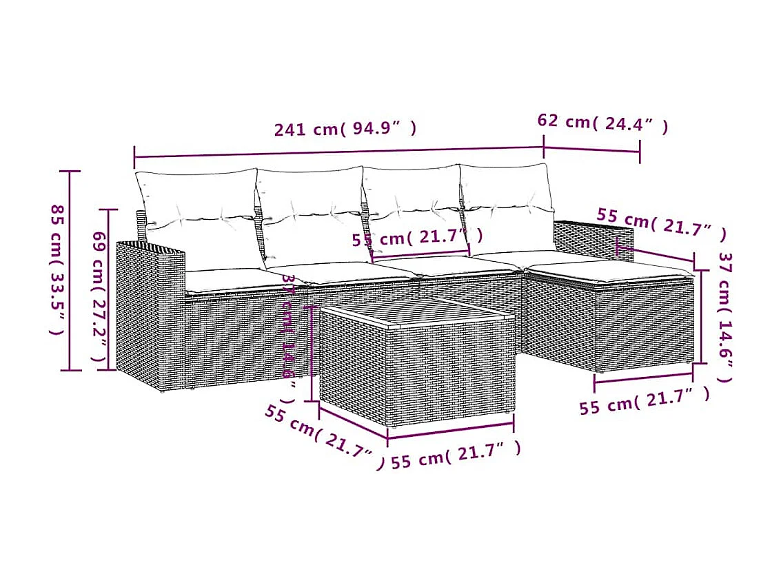 6-tlg. Garten-Sofagarnitur mit Kissen Schwarz Poly Rattan