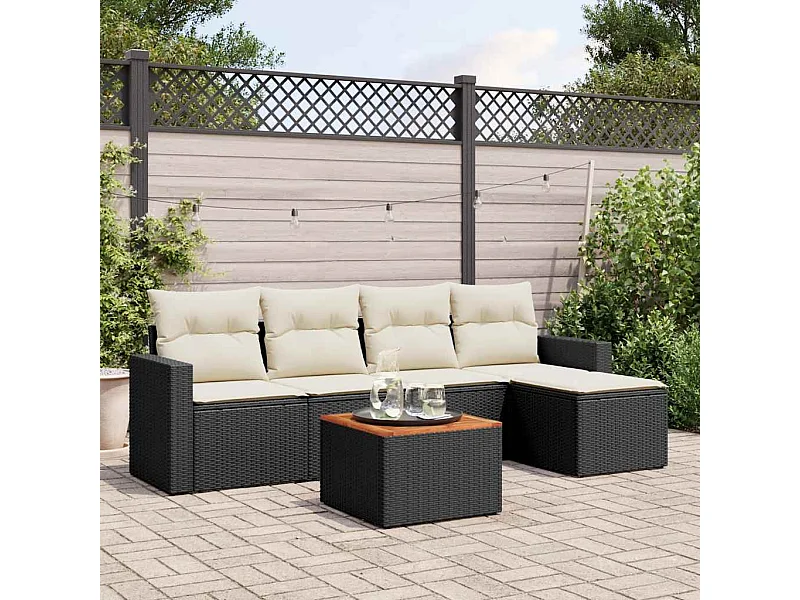 Salon de jardin 6 pcs avec coussins noir résine tressée