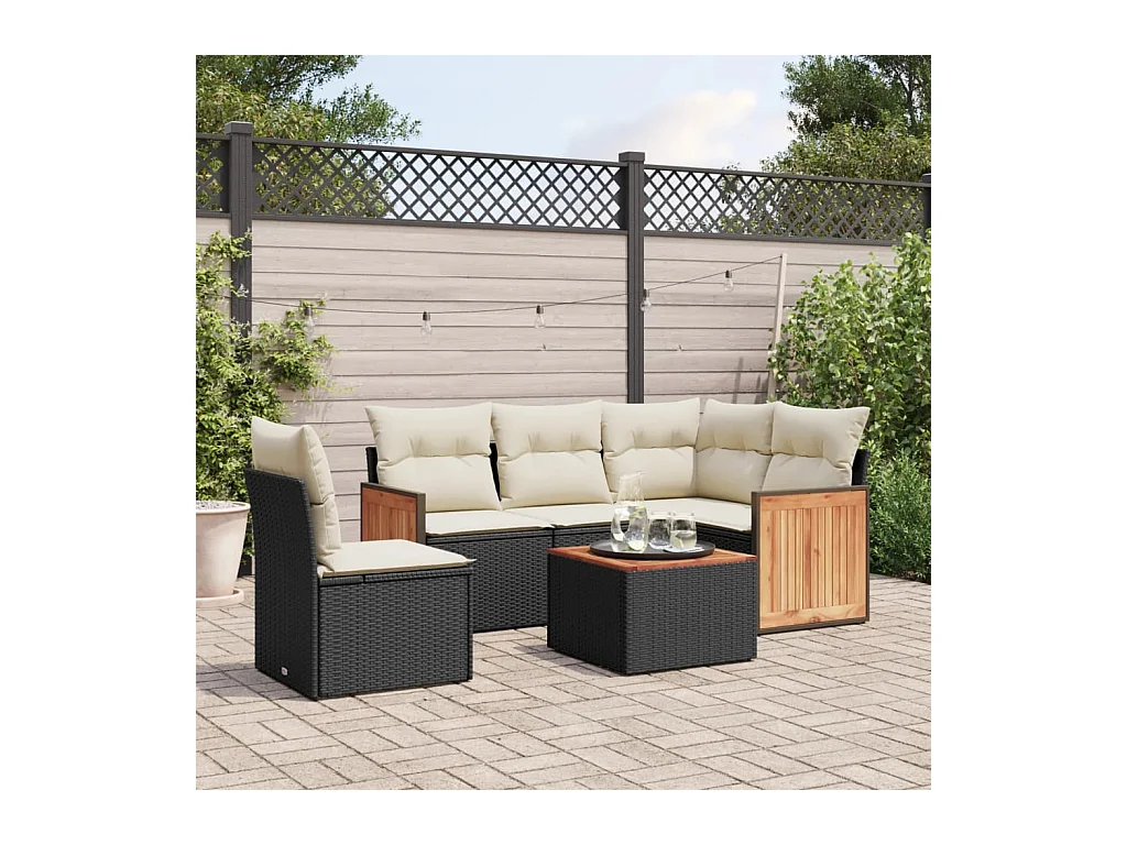 Salon de jardin 6 pcs avec coussins noir résine tressée