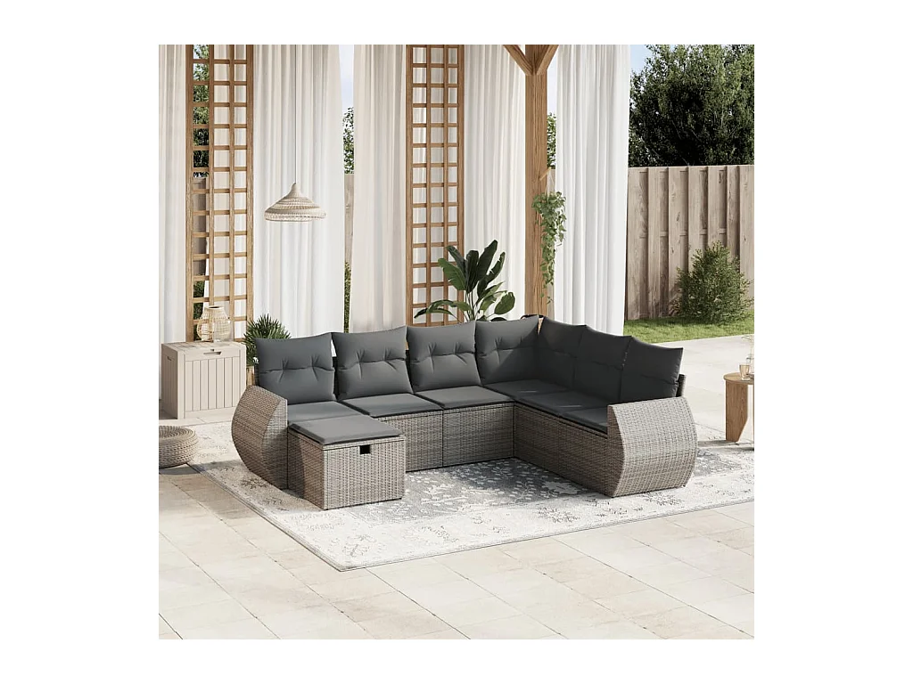 7-delige Loungeset met kussens poly rattan grijs