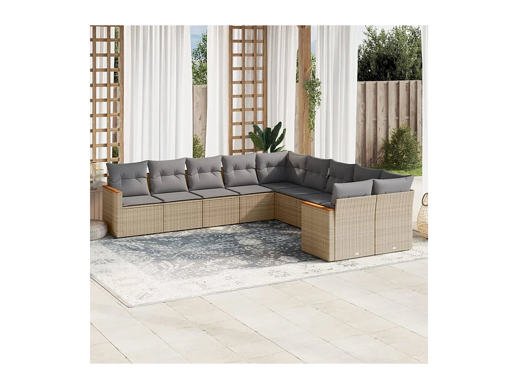 Salon de jardin avec coussins 10 pcs beige résine tressée