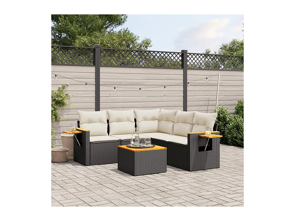 6-delige Loungeset met kussens poly rattan zwart