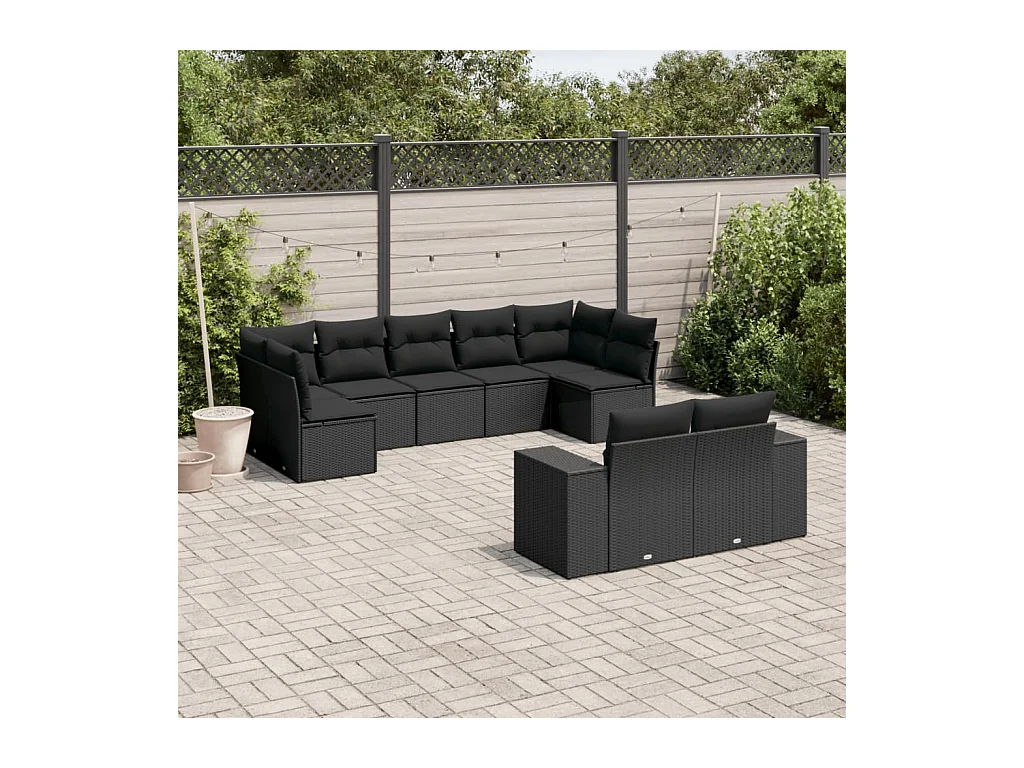 Salon de jardin 9 pcs avec coussins noir résine tressée