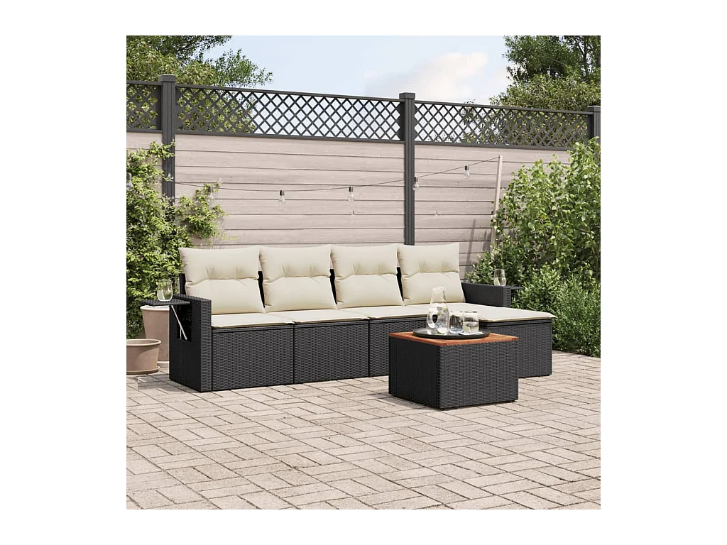 Salon de jardin 6 pcs avec coussins noir résine tressée