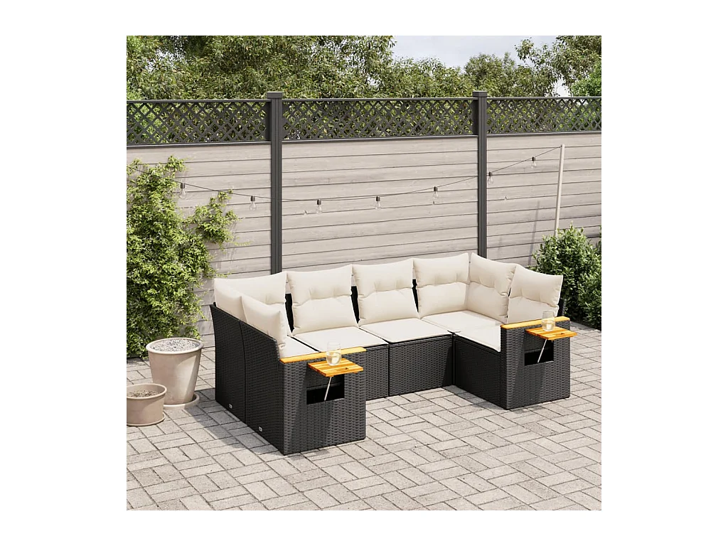 6-delige Loungeset met kussens poly rattan zwart