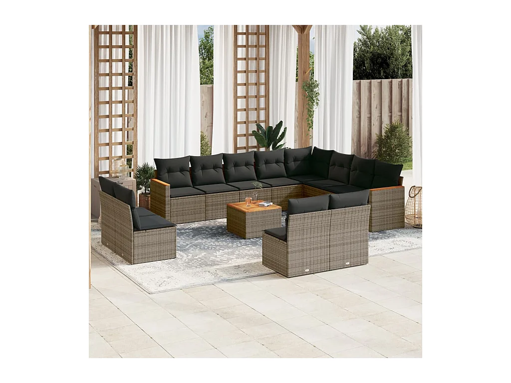 Salon de jardin avec coussins 13 pcs gris résine tressée