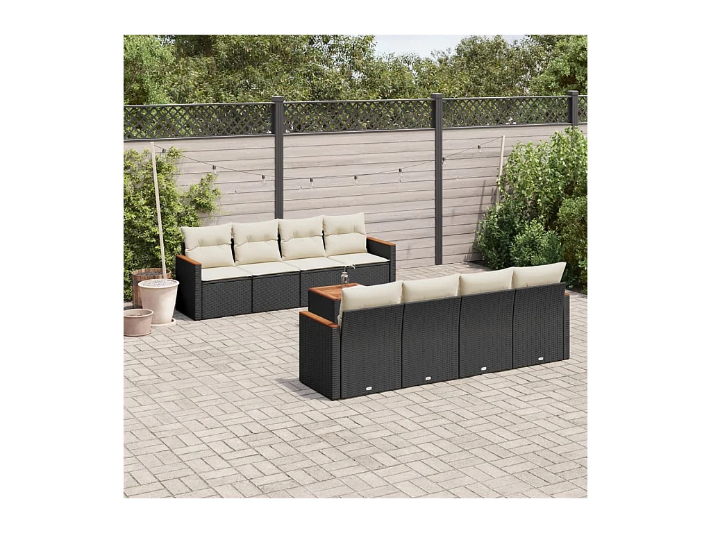 Salon de jardin 9 pcs avec coussins noir résine tressée