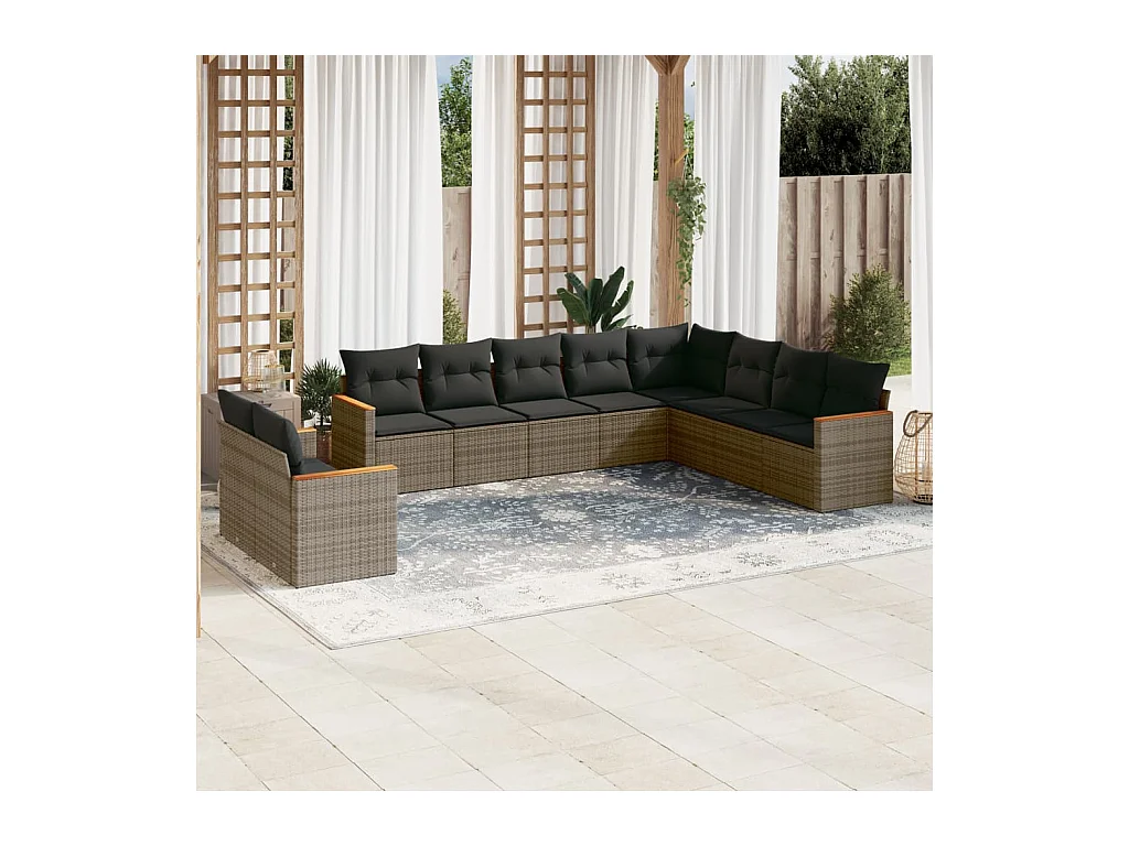 Set Divano da Giardino 10 pz con Cuscini Grigio in Polyrattan