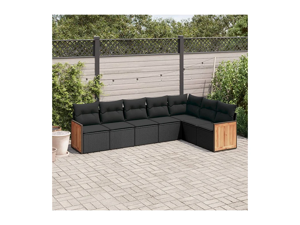 7-delige Loungeset met kussens poly rattan zwart
