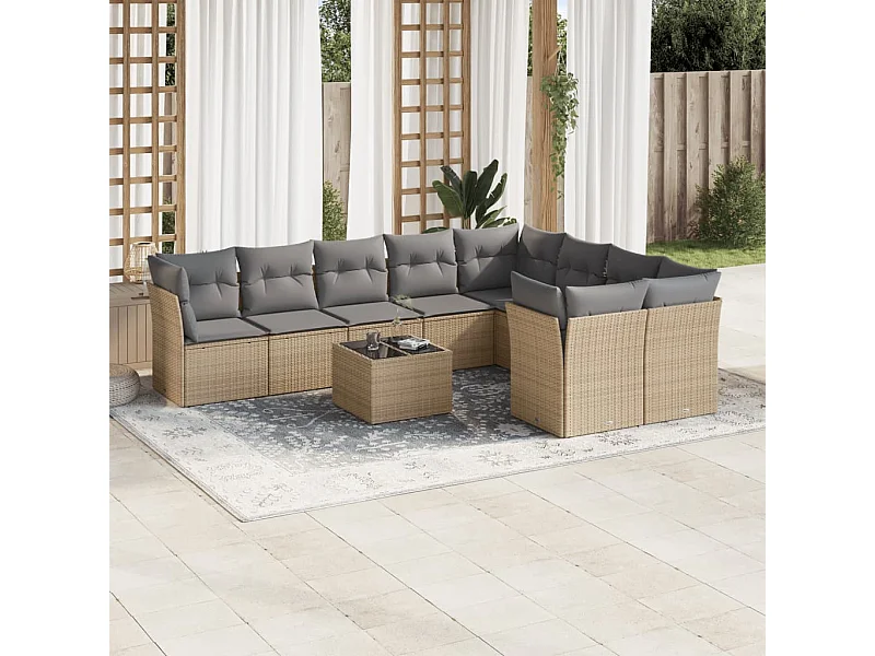 Set Divano da Giardino 10 pz con Cuscini Beige in Polyrattan