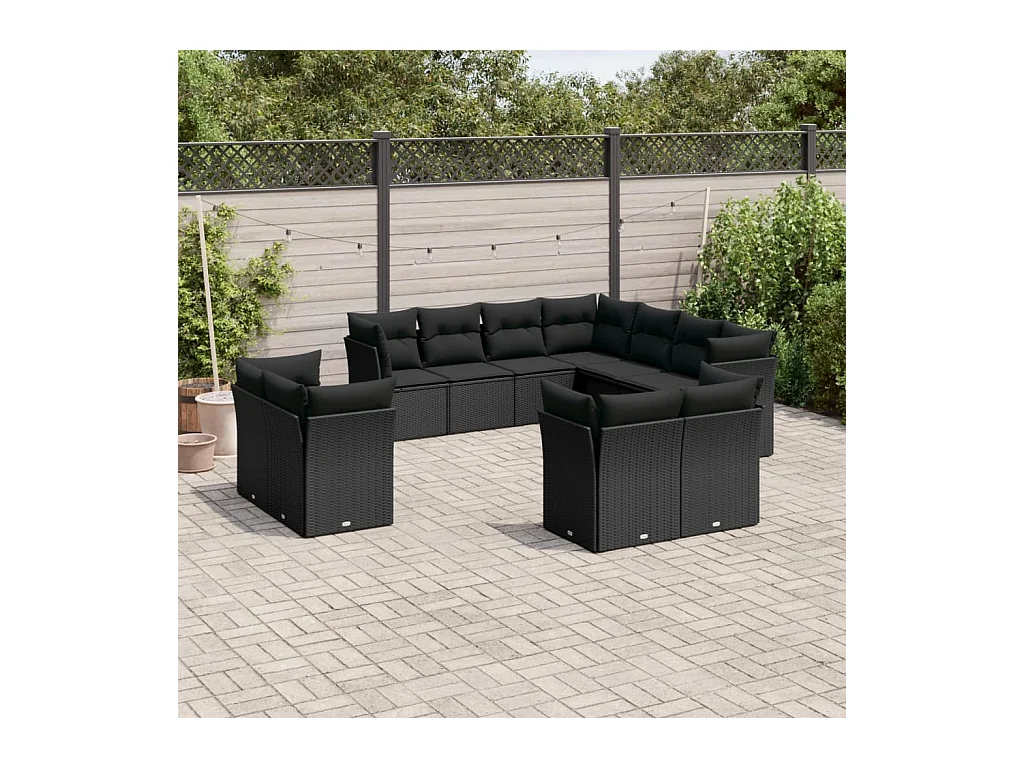 11-delige Loungeset met kussens poly rattan zwart