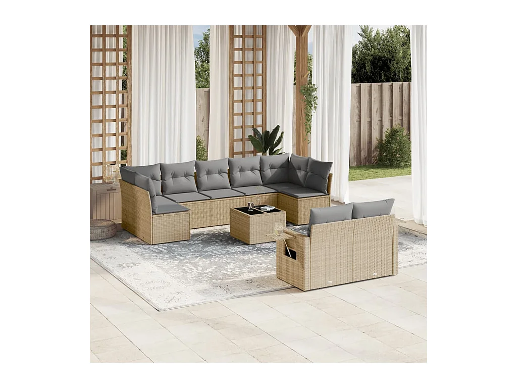10-tlg. Garten-Sofagarnitur mit Kissen Beige Poly Rattan