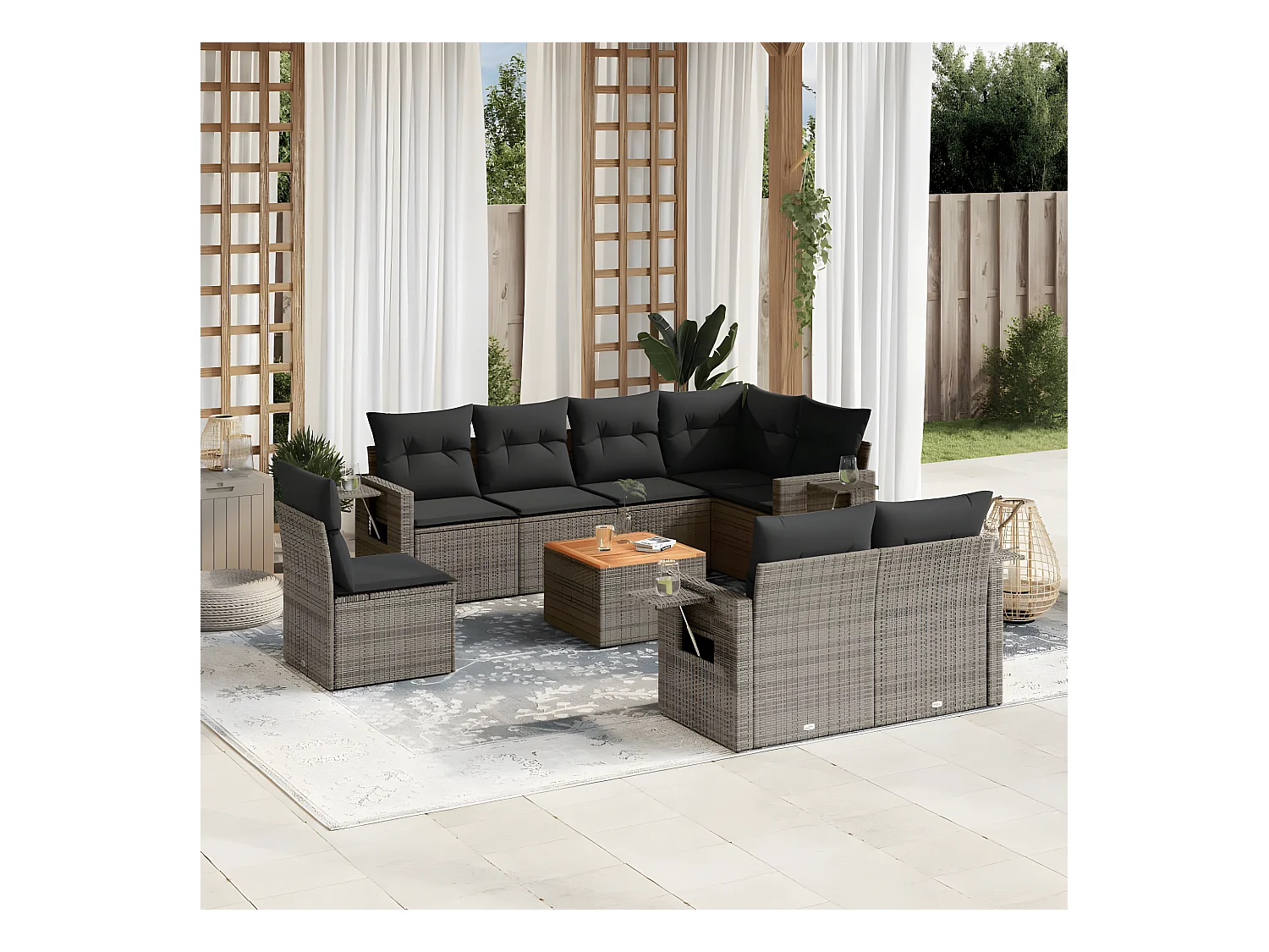 9-delige Loungeset met kussens poly rattan grijs