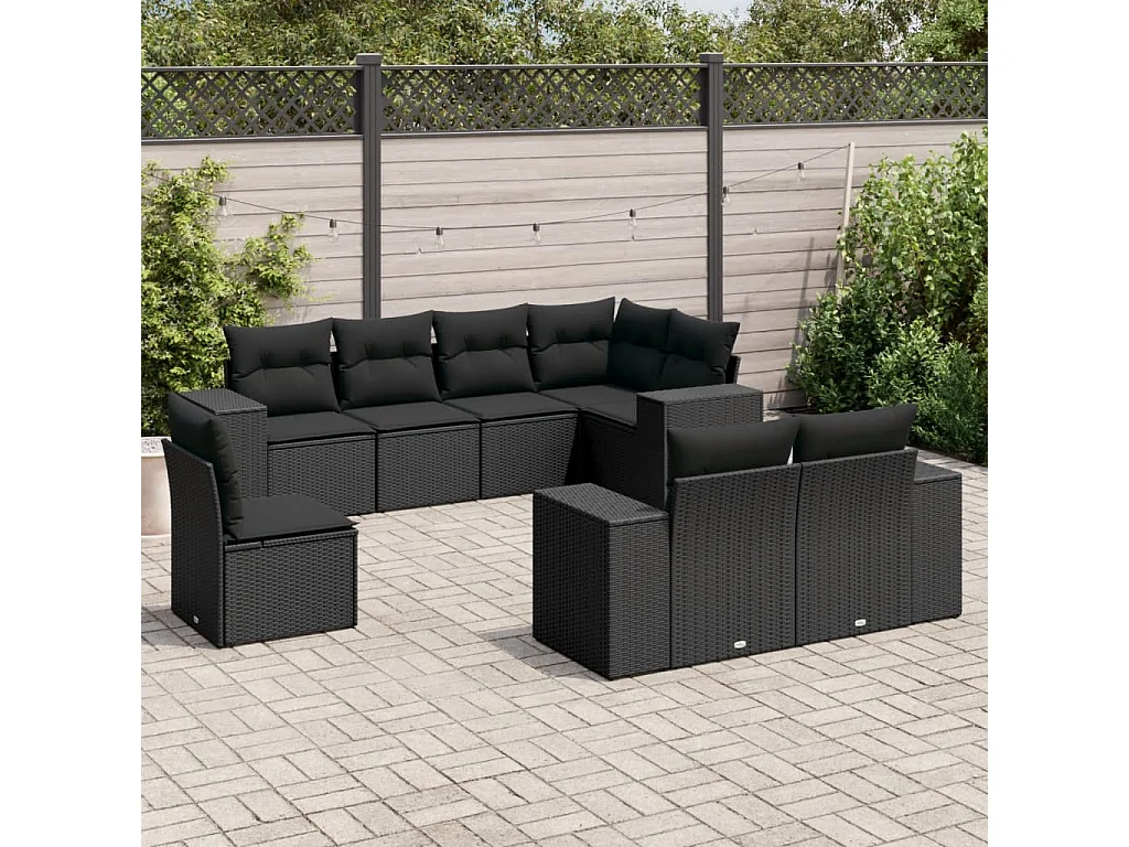 Salon de jardin 8 pcs avec coussins noir résine tressée