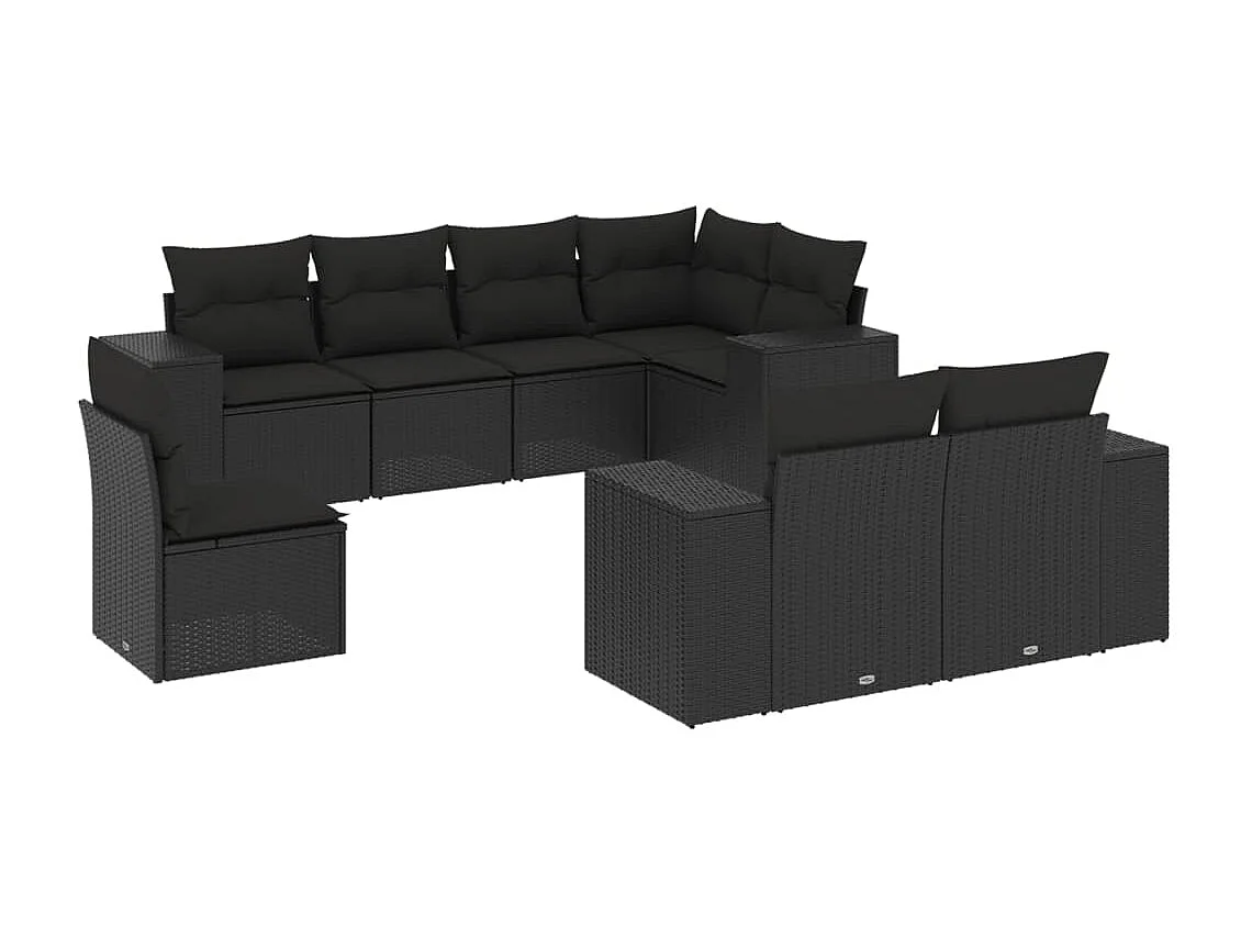 Salon de jardin 8 pcs avec coussins noir résine tressée