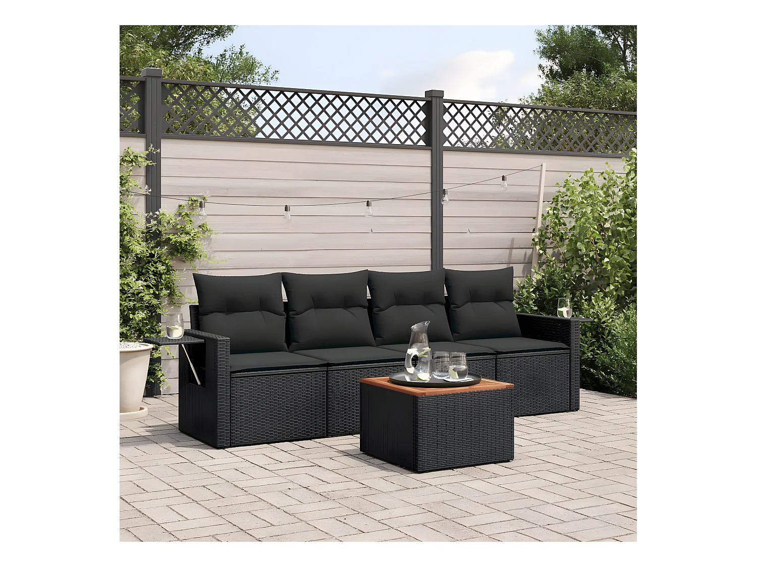 Salon de jardin 5 pcs avec coussins noir résine tressée