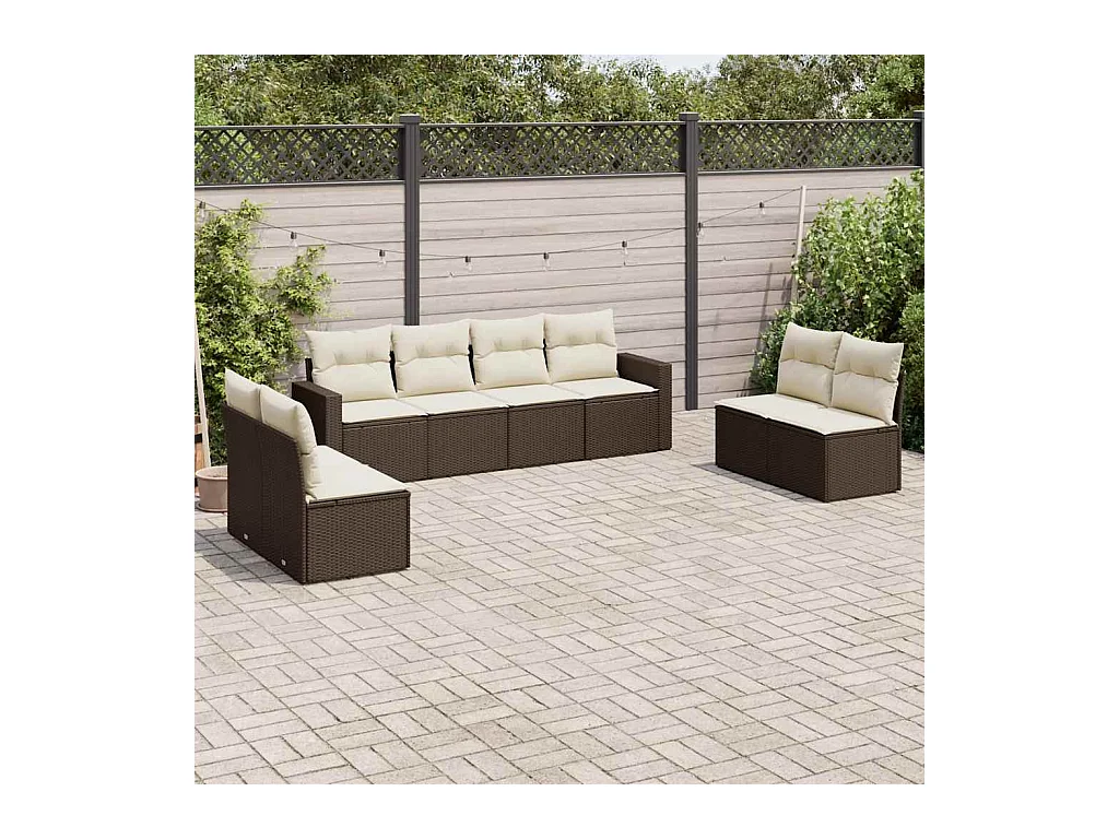 8-delige Loungeset met kussens poly rattan bruin