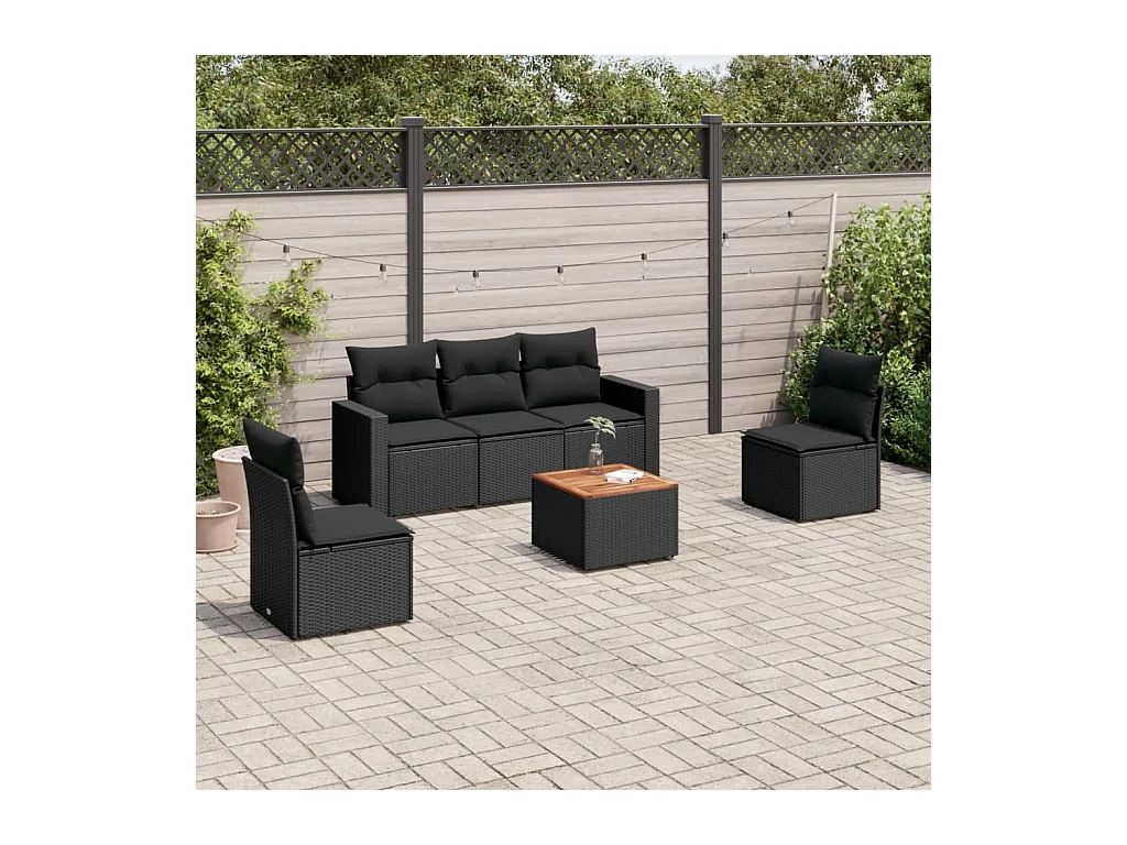 Salon de jardin 6 pcs avec coussins noir résine tressée