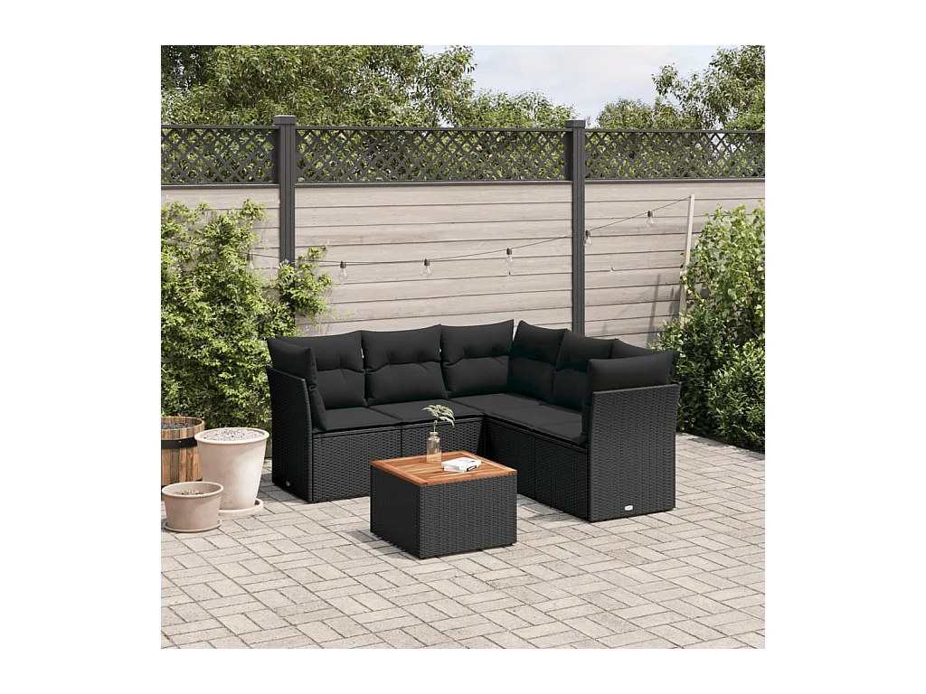 Salon de jardin 6 pcs avec coussins noir résine tressée