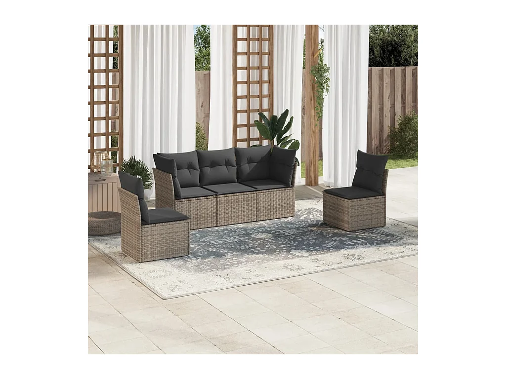 Salon de jardin 5 pcs avec coussins gris résine tressée