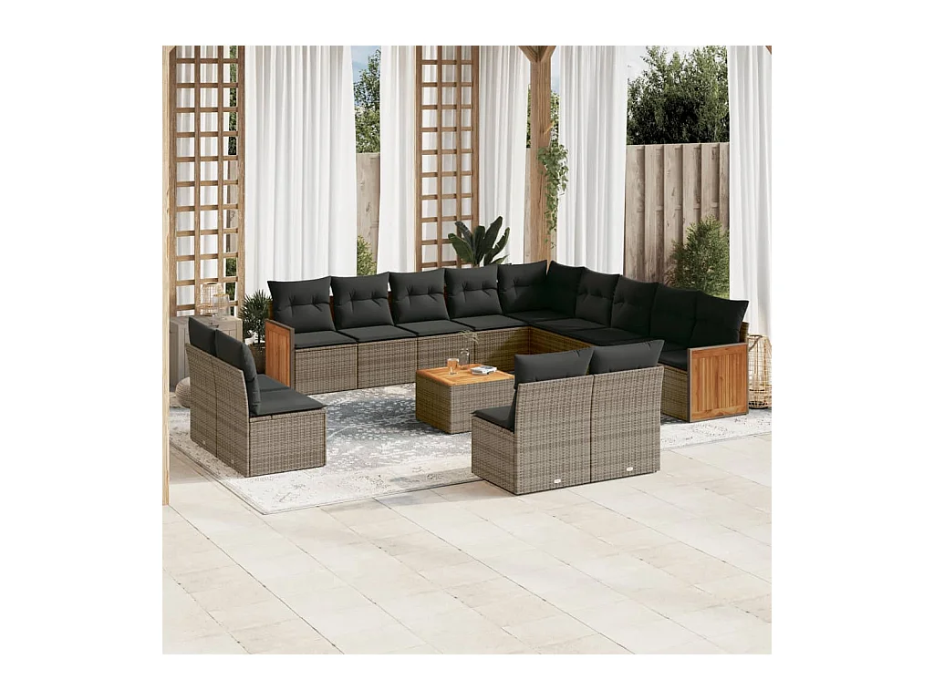 Salon de jardin avec coussins 14 pcs gris résine tressée