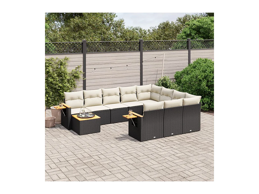 11-delige Loungeset met kussens poly rattan zwart