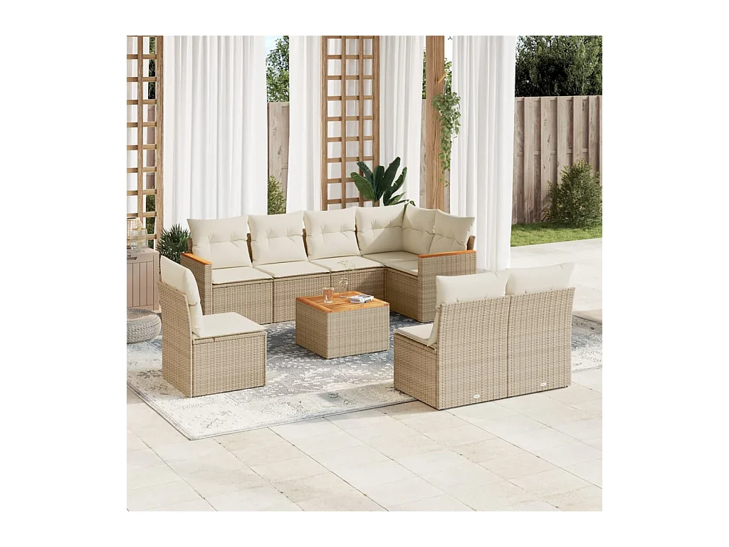 Salon de jardin avec coussins 9 pcs beige résine tressée