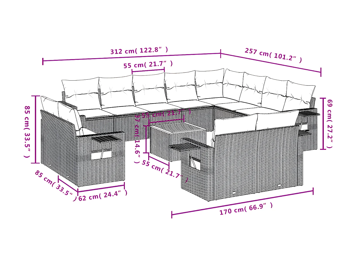 13-delige Loungeset met kussens poly rattan grijs