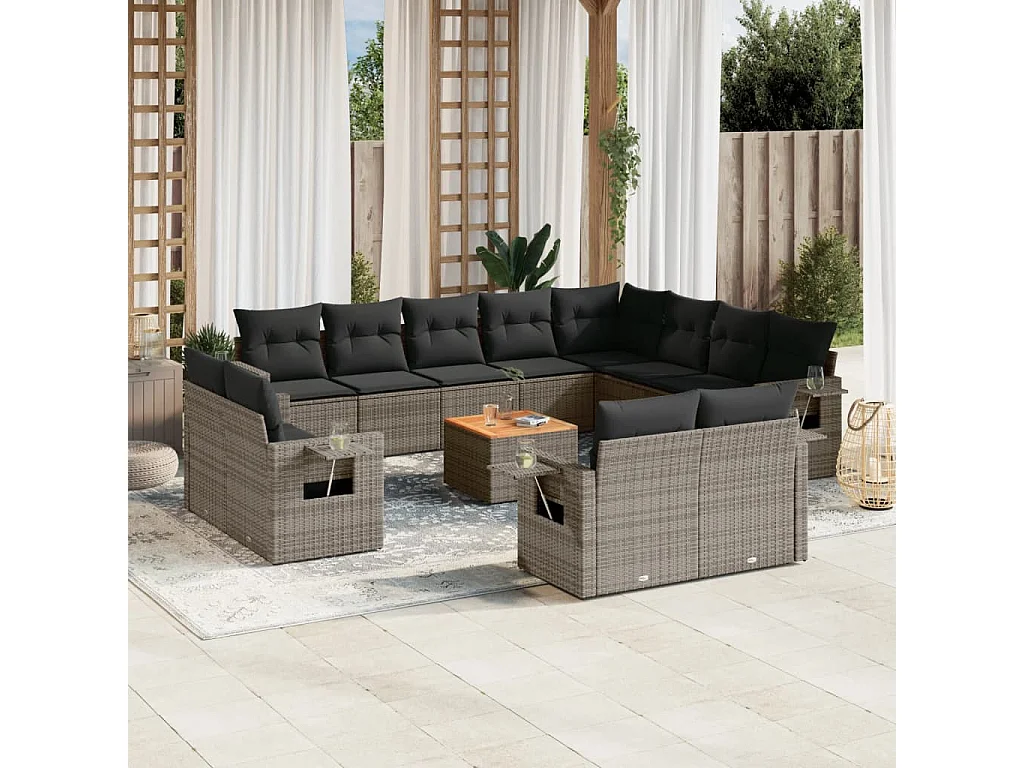 13-tlg. Garten-Sofagarnitur mit Kissen Grau Poly Rattan