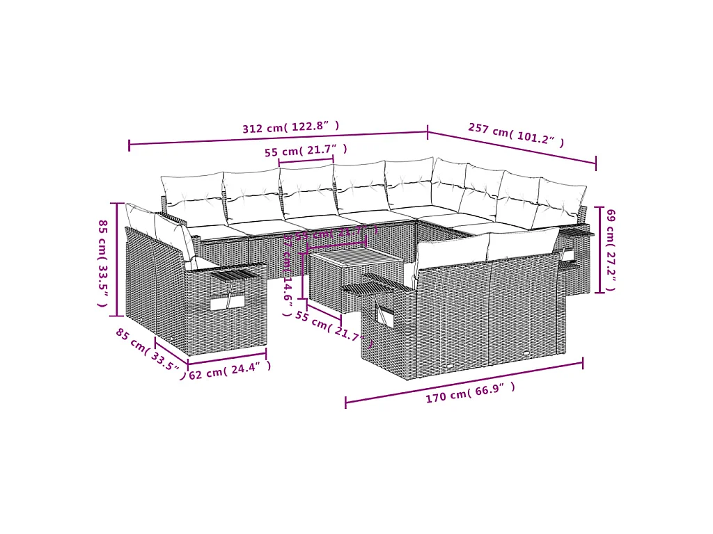 13-tlg. Garten-Sofagarnitur mit Kissen Grau Poly Rattan