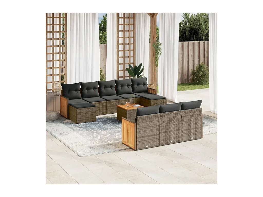 Salon de jardin 11 pcs avec coussins gris résine tressée