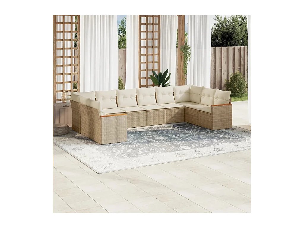 10-tlg. Garten-Sofagarnitur mit Kissen Beige Poly Rattan