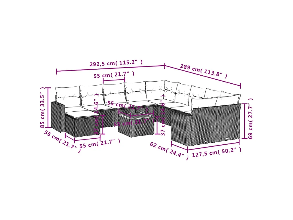 12-tlg. Garten-Sofagarnitur mit Kissen Schwarz Poly Rattan