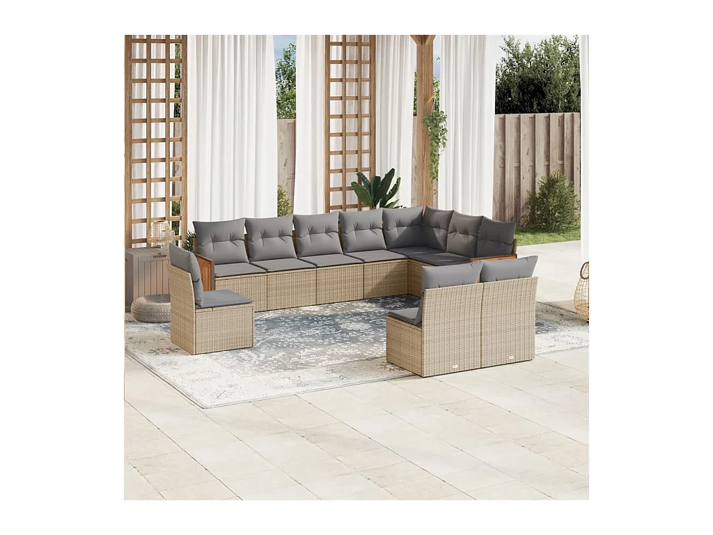 10-tlg. Garten-Sofagarnitur mit Kissen Beige Poly Rattan