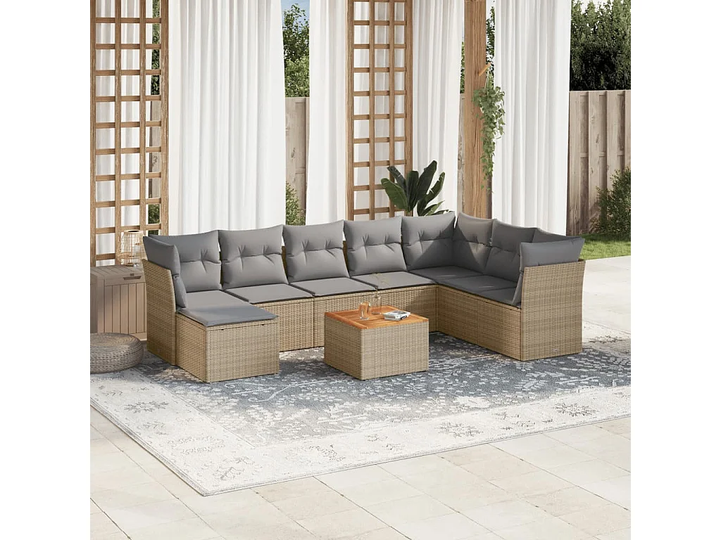 9-tlg. Garten-Sofagarnitur mit Kissen Beige Poly Rattan