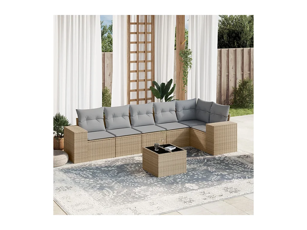 Set Divani da Giardino 7 pz con Cuscini Beige in Polyrattan